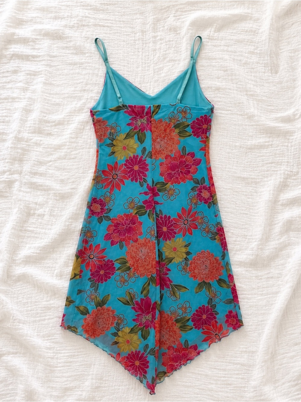 Tropical Floral Hawaiian Y2K Midi Mesh Slip Dress Turquoise Coconut Girl Sz S